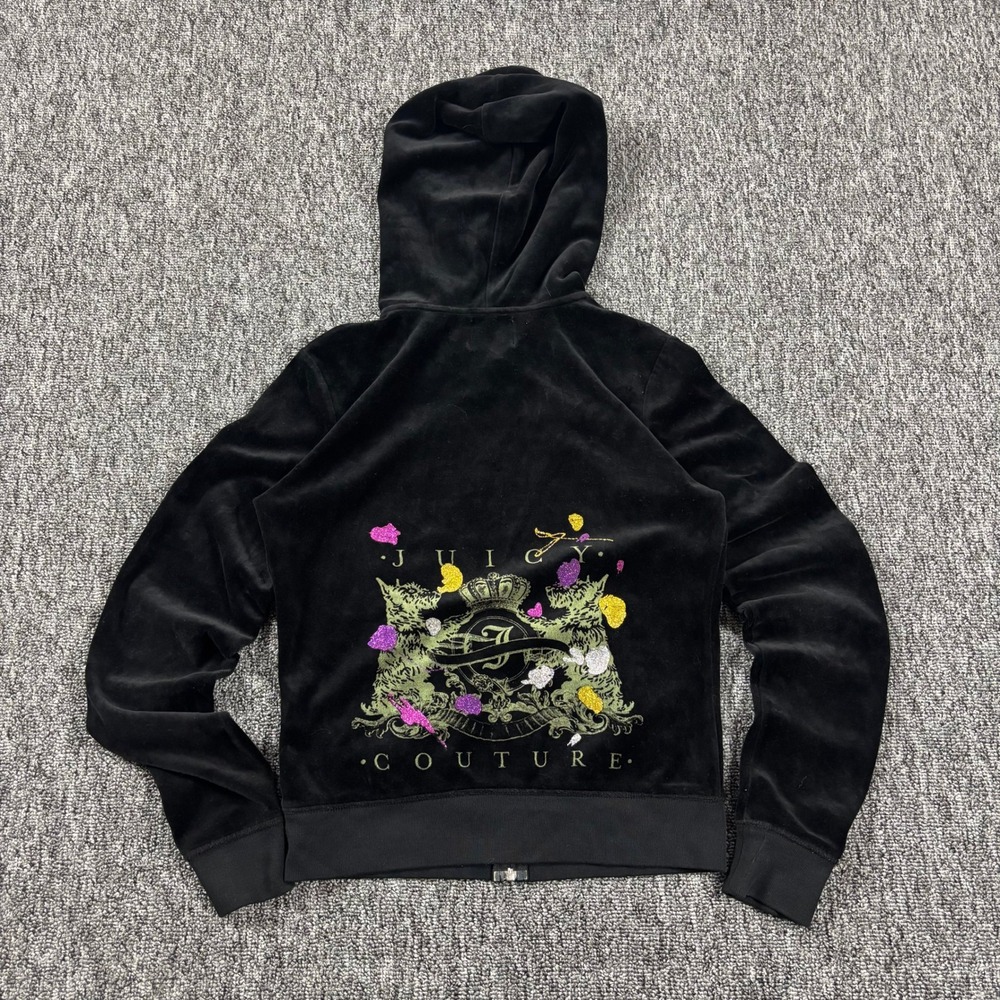 Vintage Y2K Juicy Couture McBling Velour Zip Up Graphic Hoodie Black Medium